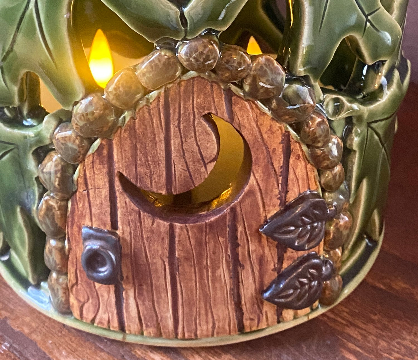 Crescent Moon Door Oak and Acorn Lantern
