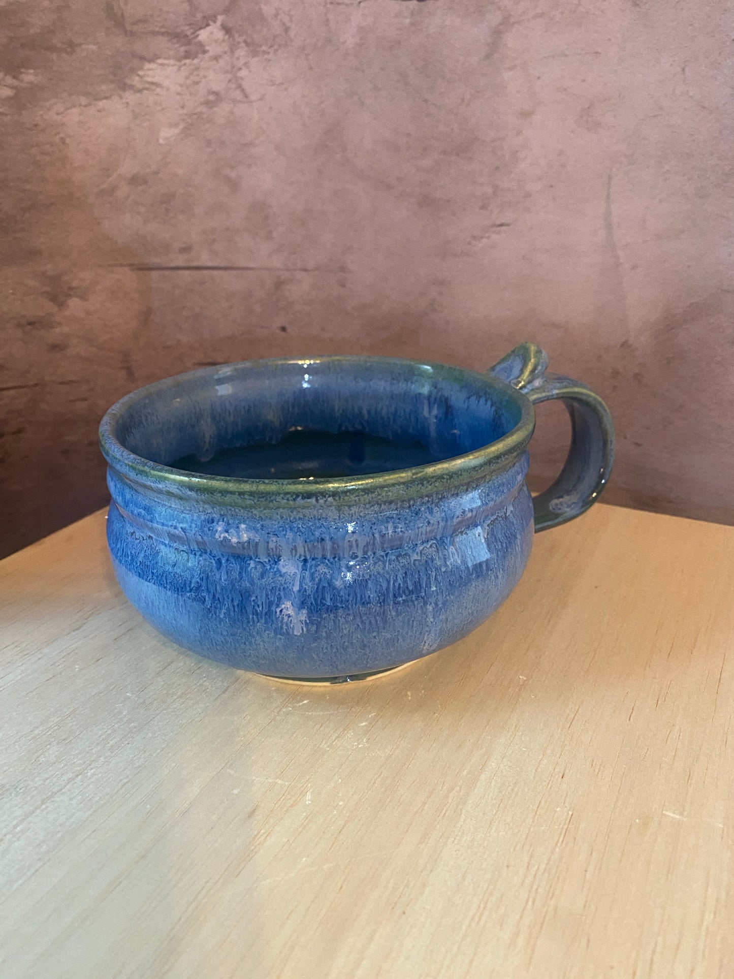 Handled soup bowl in blue glaze