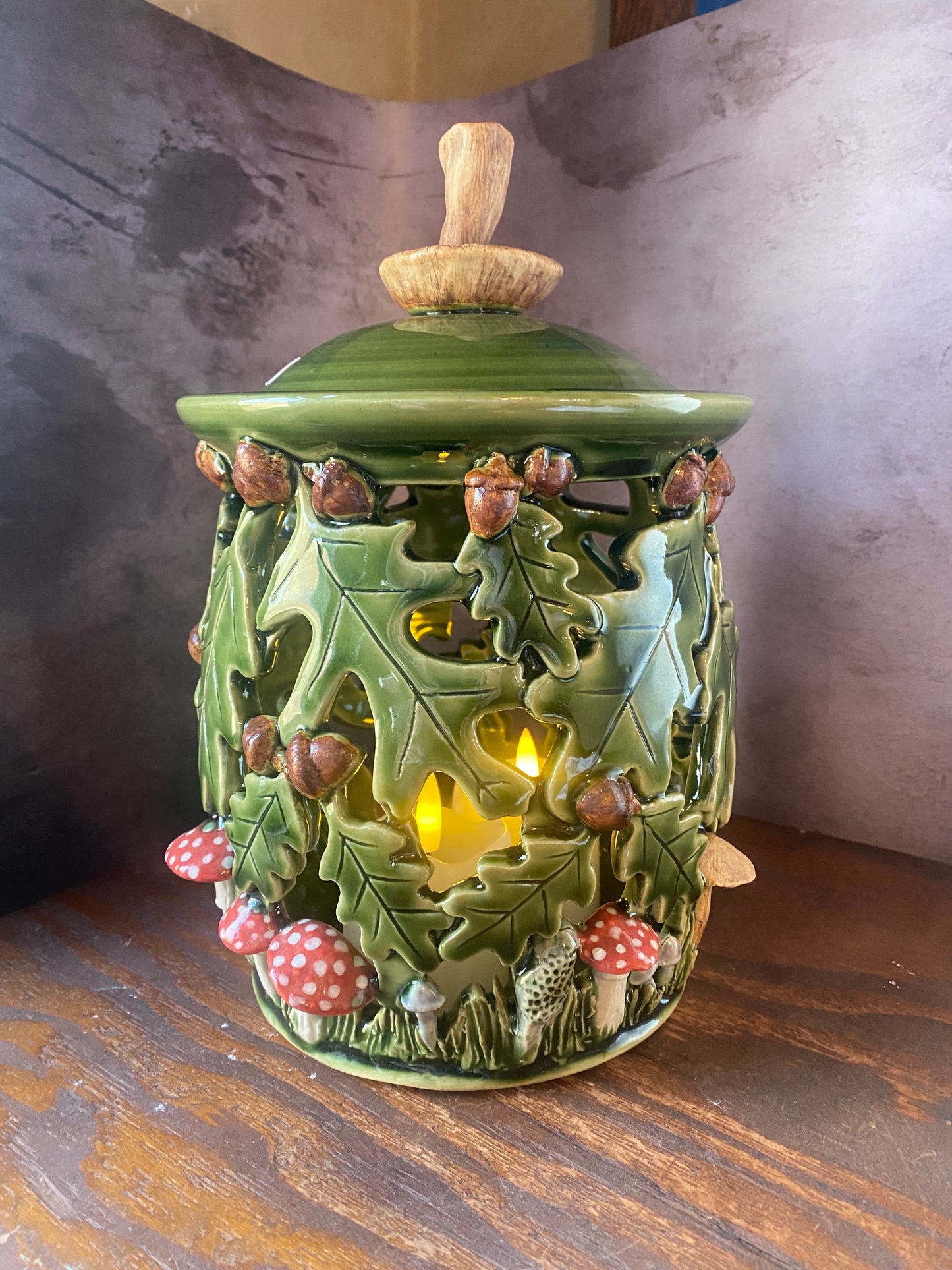 Mushroom topped oak, acorn and  lidded lantern