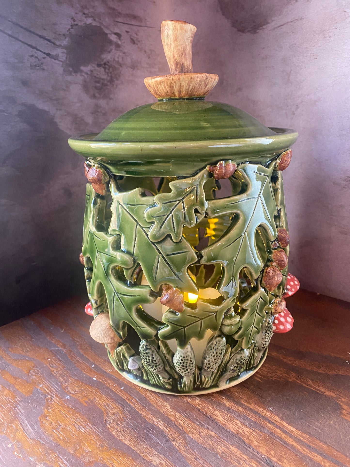 Mushroom topped oak, acorn and  lidded lantern