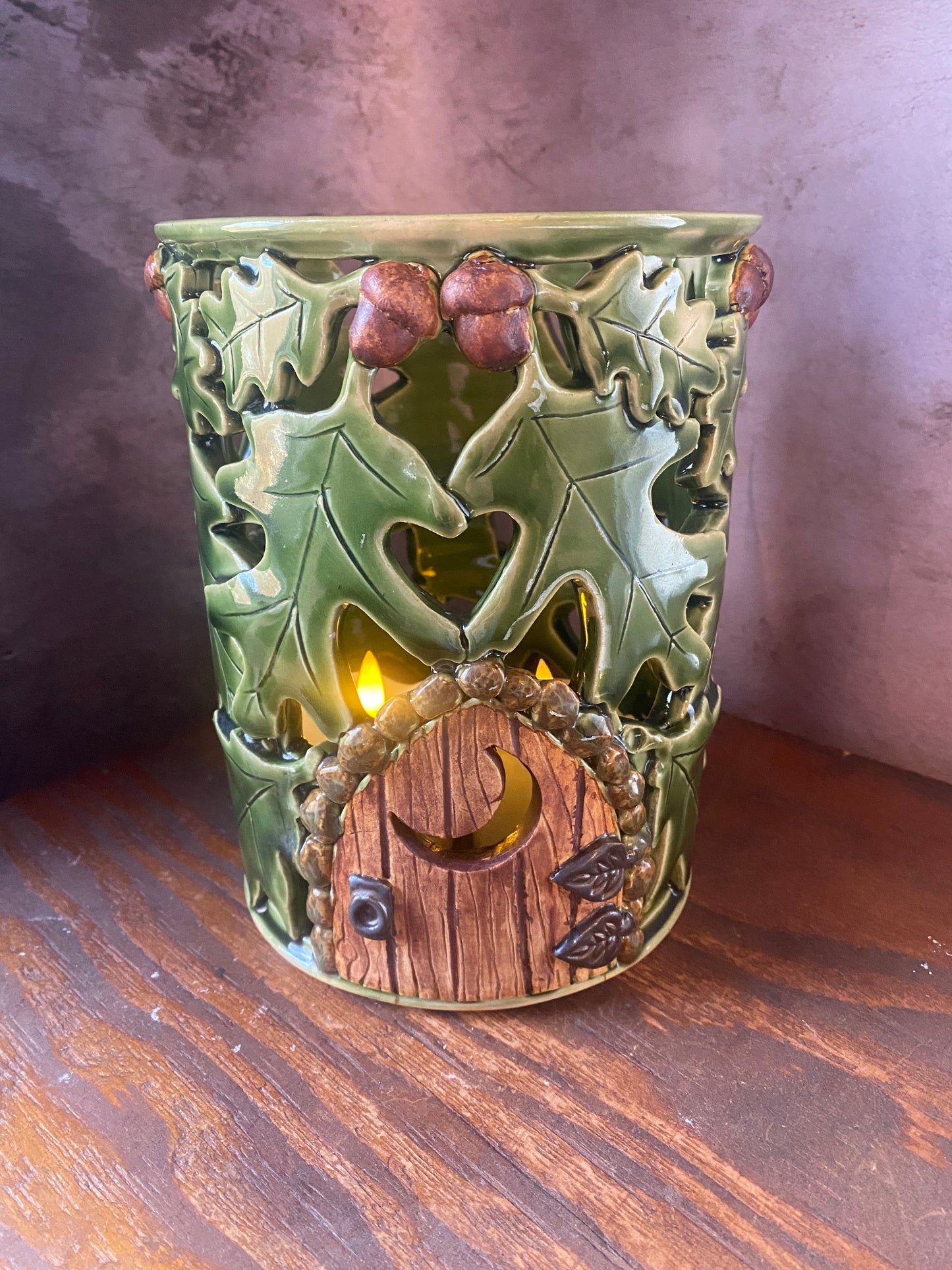 Crescent Moon Door Oak and Acorn Lantern