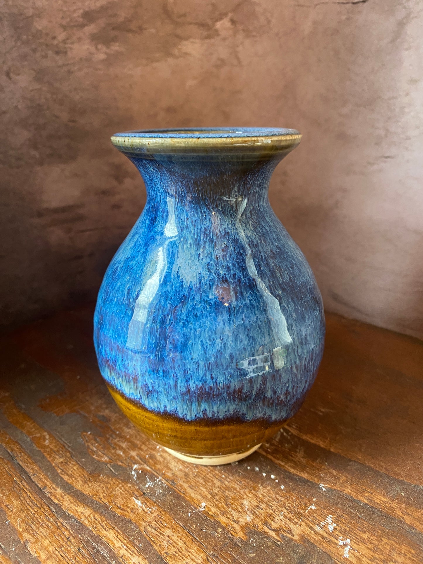 Handmade Brown & Blue Stoneware Vase — 5” x 4”