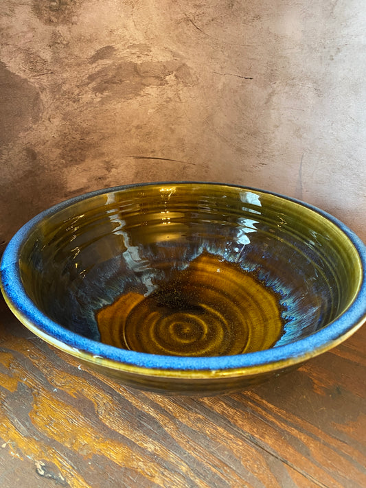 Handmade Stoneware Serving Bowl — Brown & Blue (10.75” x 4”)
