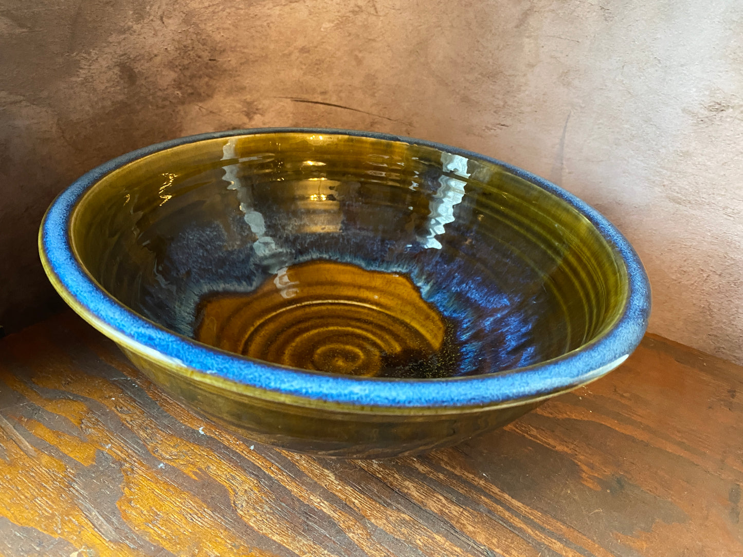 Handmade Stoneware Serving Bowl — Brown & Blue (10.75” x 4”)