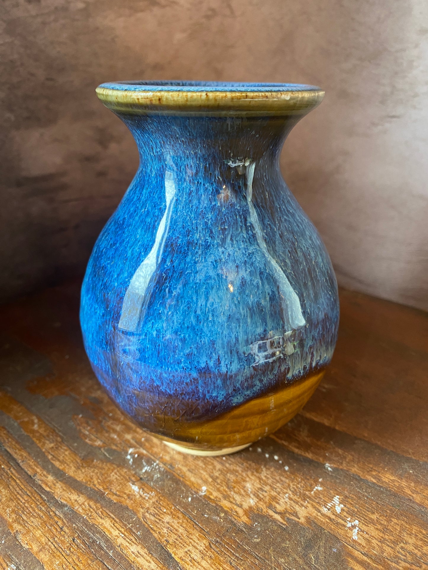 Handmade Brown & Blue Stoneware Vase — 5” x 4”