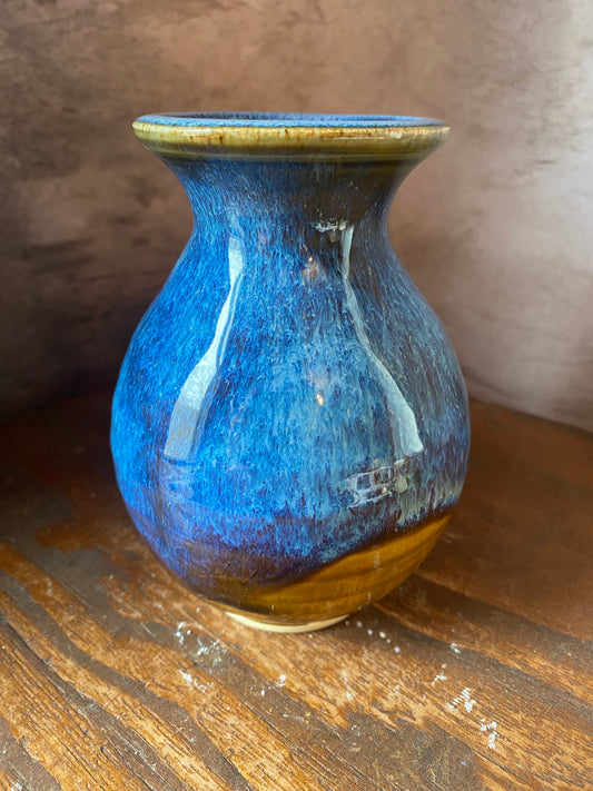 Handmade Brown & Blue Stoneware Vase — 5” x 4”