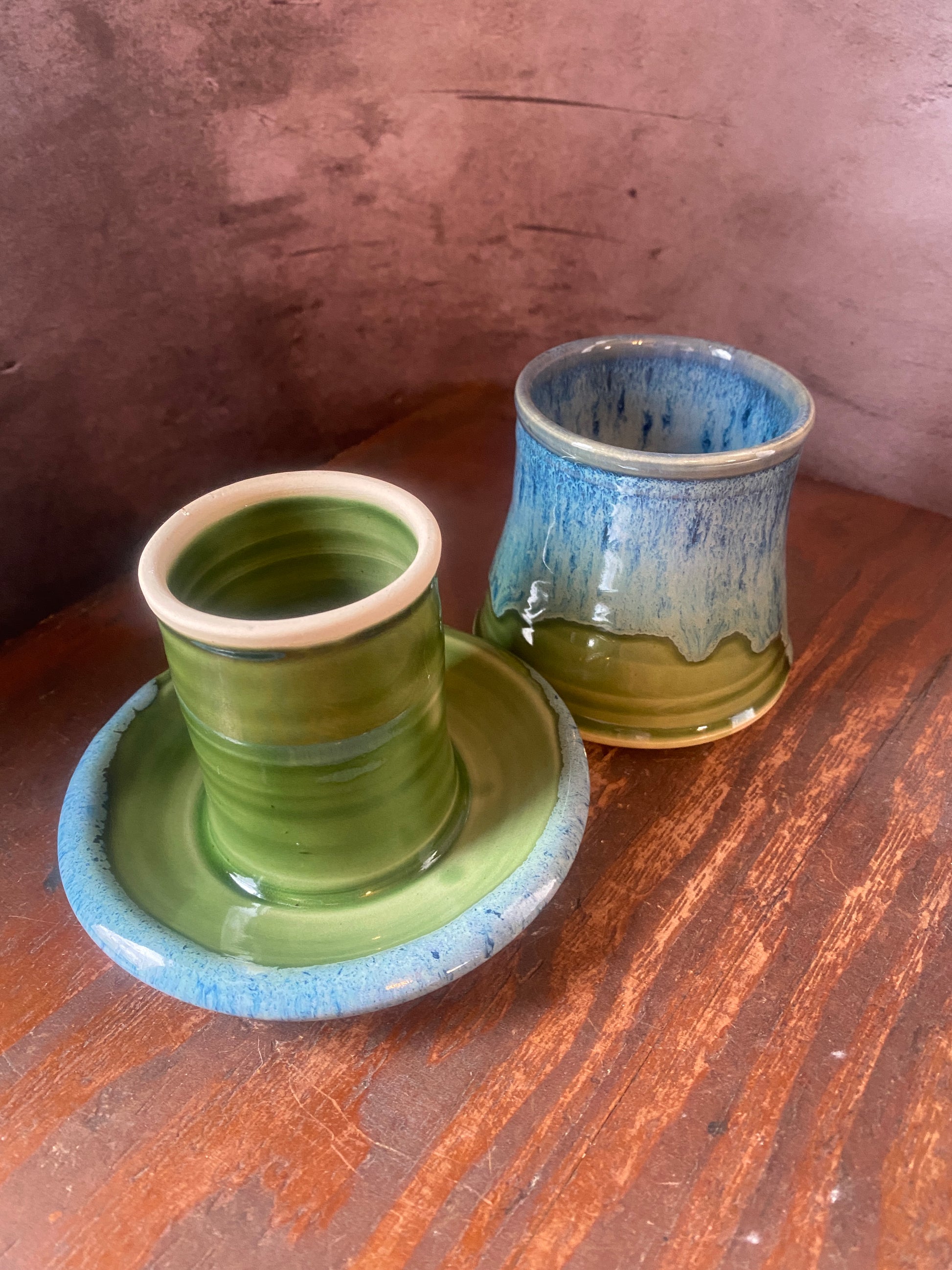 2 part butter keeper made from hand thrown ceramic stoneware. Glazed in shades of light blue and green.