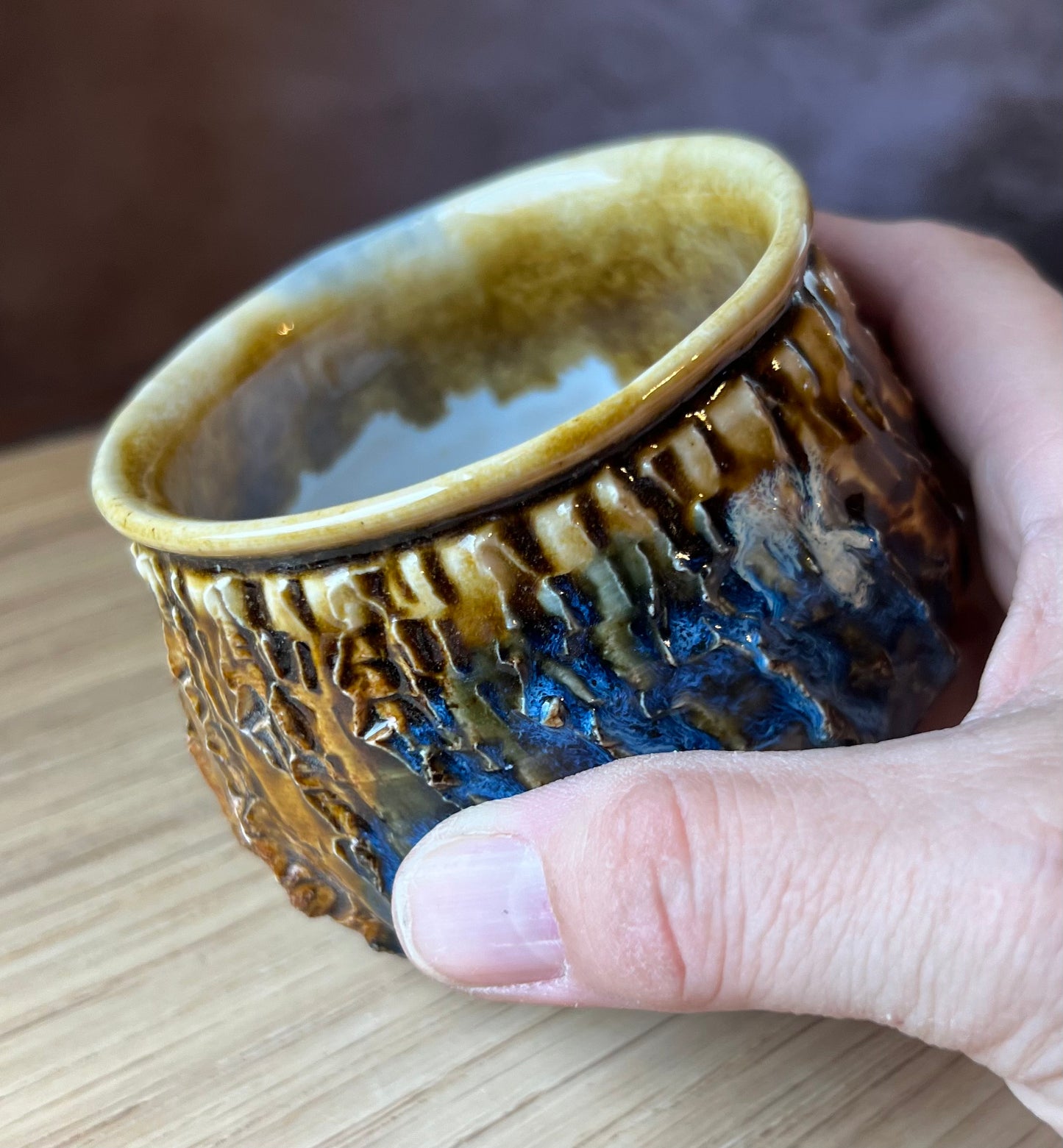 Whiskey Cup, textured brown/blue