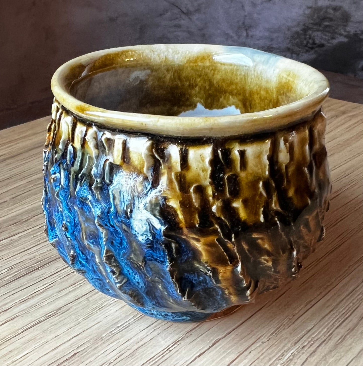 Whiskey Cup, textured brown/blue