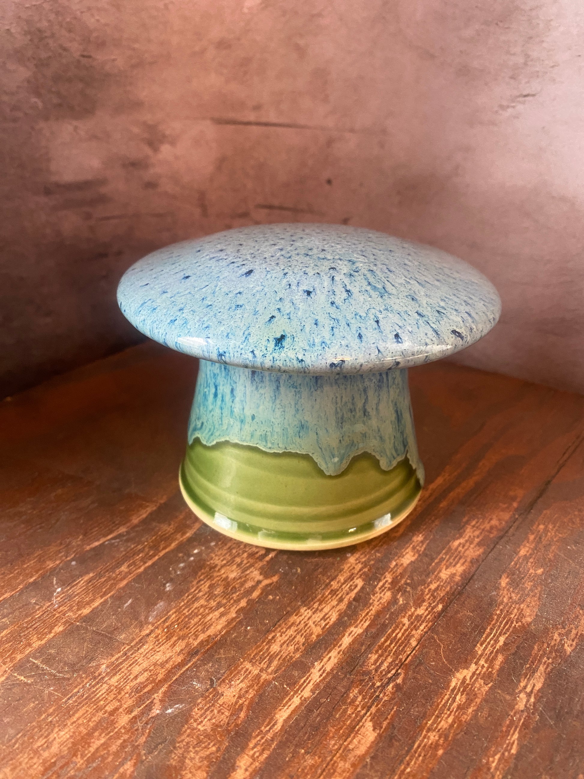 Ceramic butter keeper bell in green and blue glazes