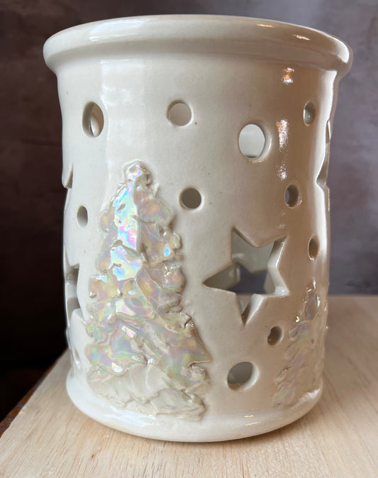 Ceramic candle holder, lantern with ivory pearl tree and cut out stars and circles.