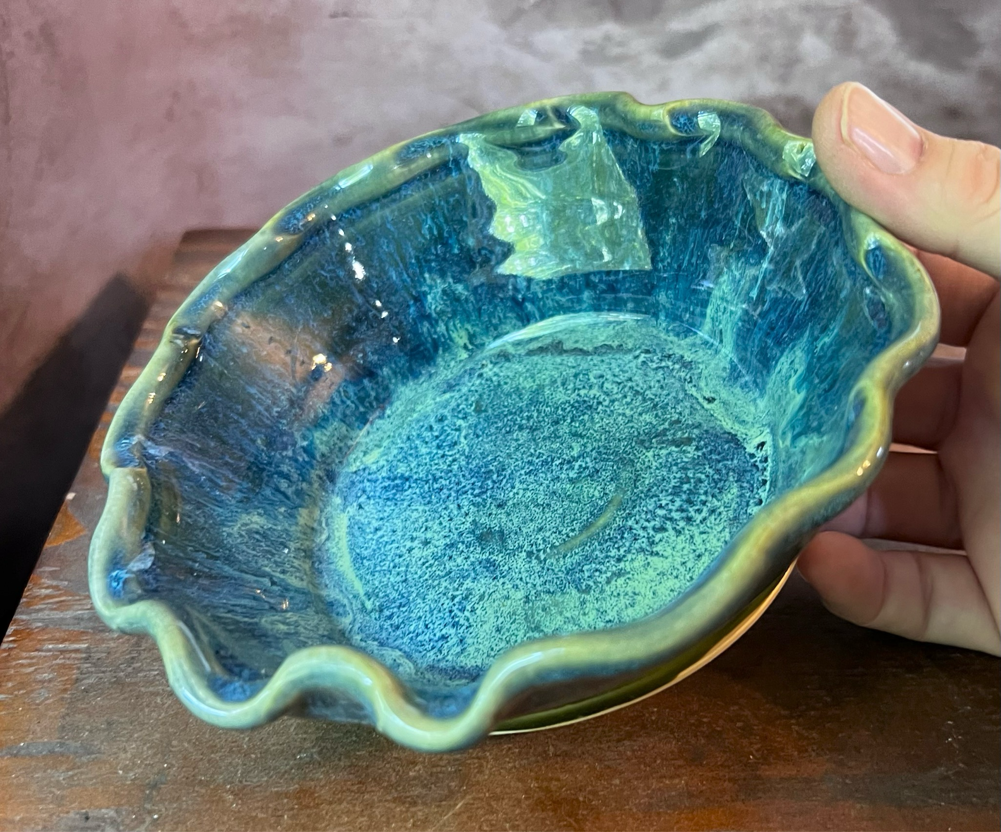 Stoneware brie baker. Hand thrown ceramic, glazed in blues and greens.