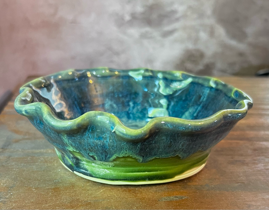 Ceramic baking dish for baked brie in blue and green glaze